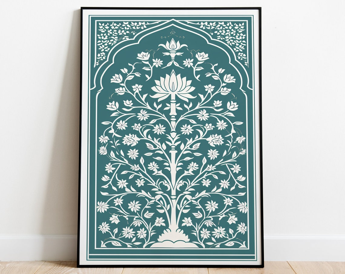 Teal and White Mughal Floral Tree Panel Indian Folk Art Poster