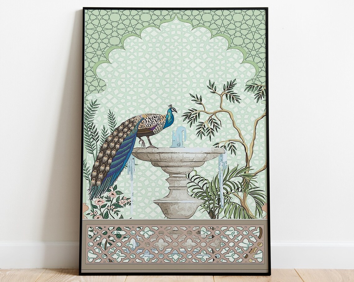 Peacock Mughal Indian Floral Nature Poster Print