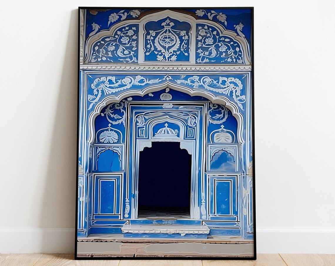 Blue Painted Rajput Palace Doorway in Jaipur India Travel Poster