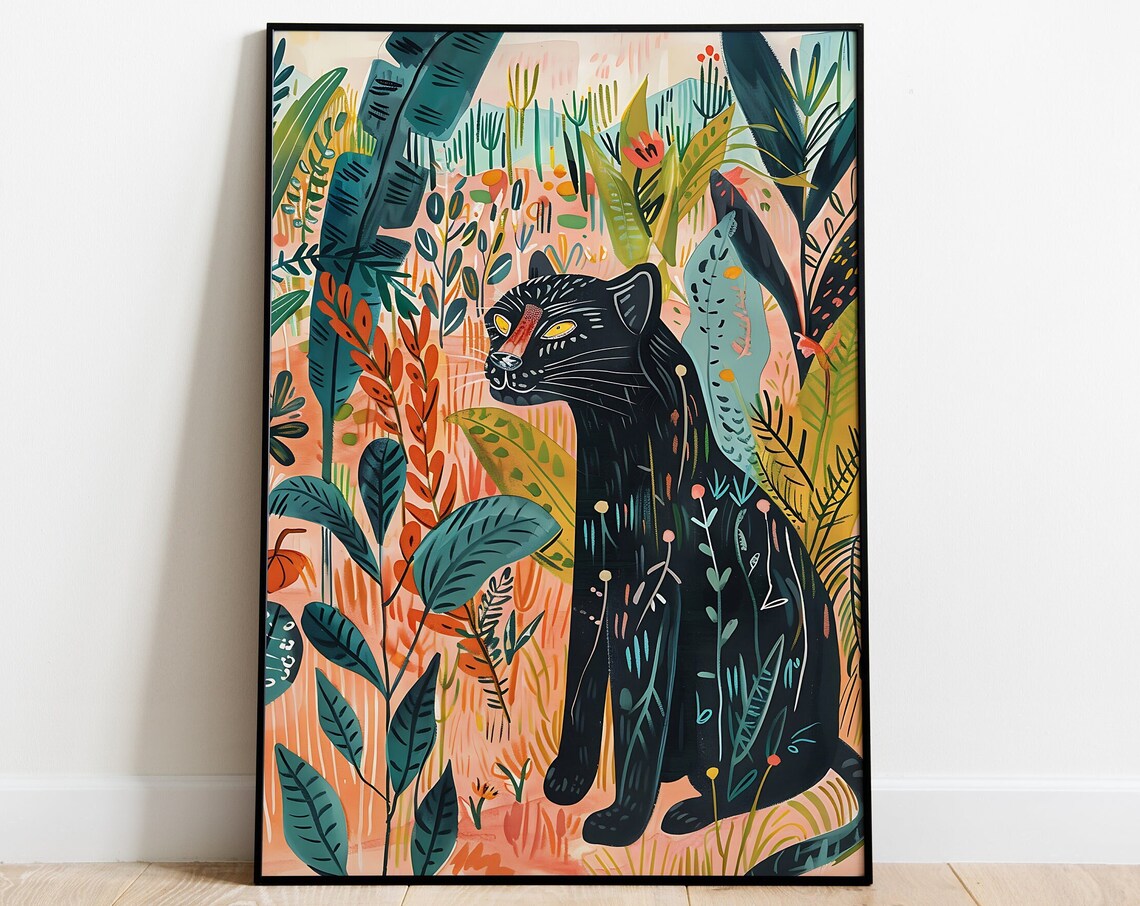 Black Panther Jungle Tropical Foliage Wildlife Painting Wall Art