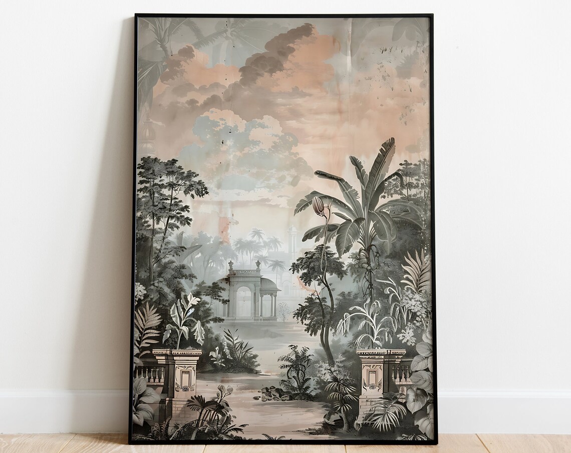 Dreamy Tropical Pavilion Garden Misty Pink Clouds Vintage Art Poster