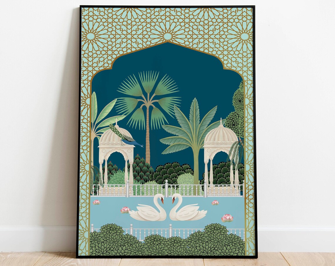 Swan Peacock Indian Vintage Floral Art Print