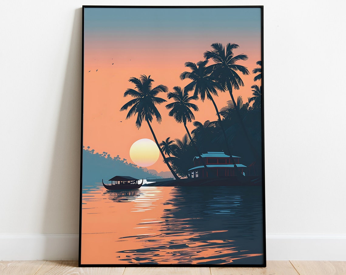 Kerala Backwaters Sunset Palm Silhouette Houseboat Travel Poster