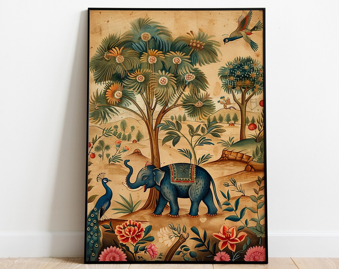 Vintage Indian Elephant Peacock Tropical Tree Forest Scene Art Poster