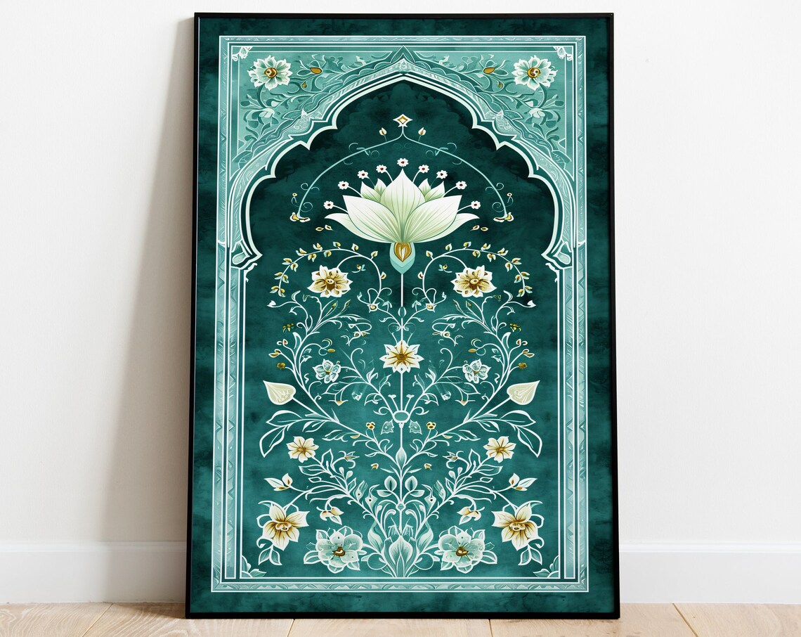 Emerald Green Indian Inlay Arch Lotus Floral Boho Vintage Wall Art