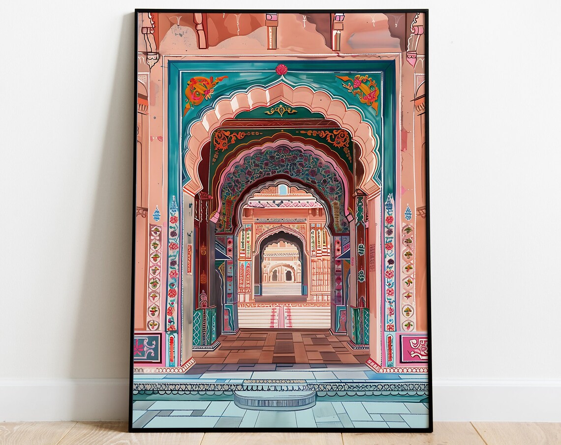 Pink Teal Jaipur Palace Archway Corridor Ornamental Art Poster