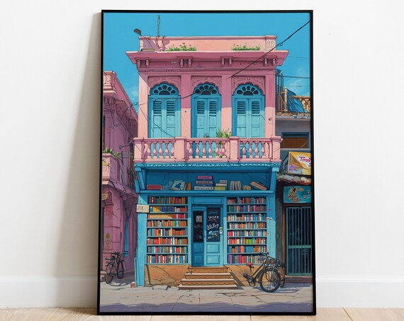 Colorful Indian Bookshop Street Storefront in Pink and Blue Poster