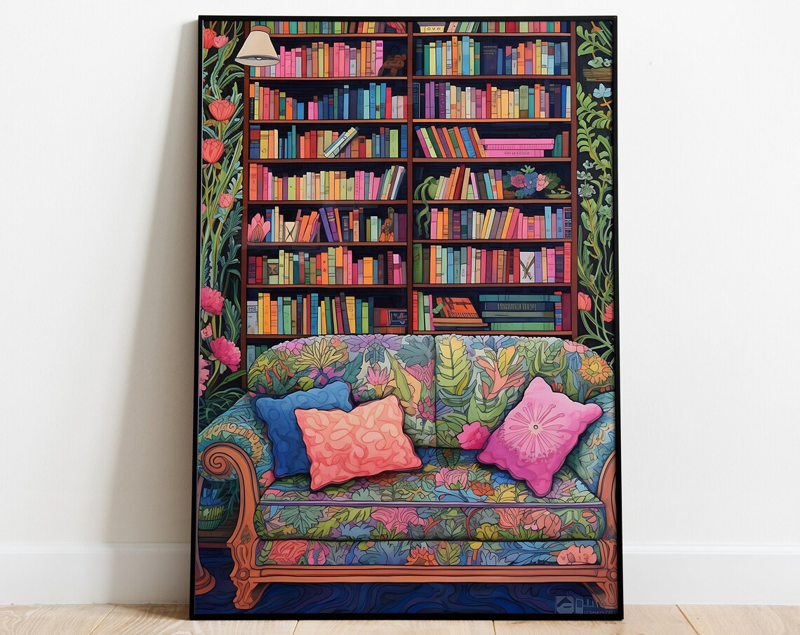 Colorful Library Bookshelf With Floral Patterned Sofa Book Lover Reading Poster