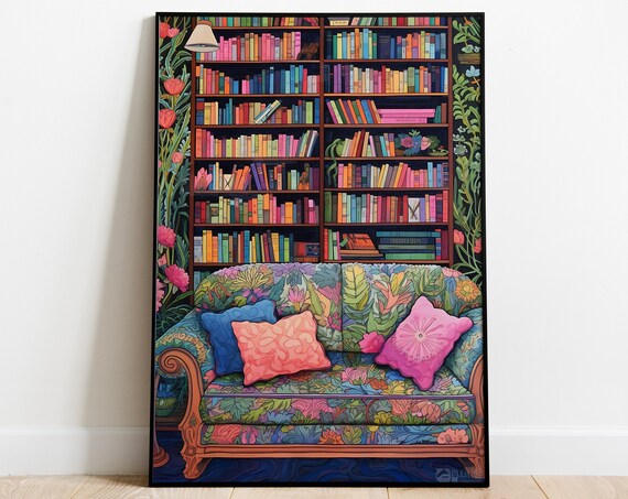 Colorful Library Bookshelf With Floral Patterned Sofa Book Lover Reading Poster