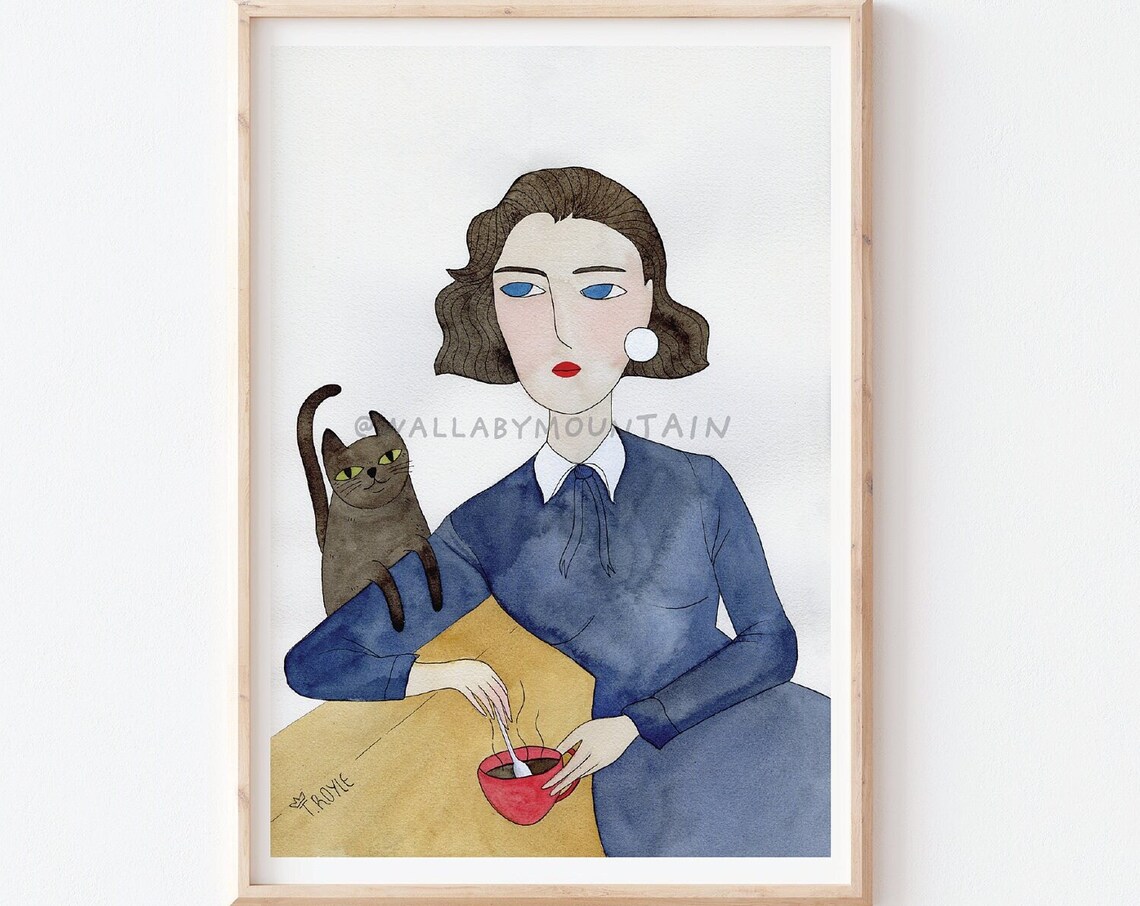 Vintage Woman Drinking Tea With Her Black Cat, Art Print