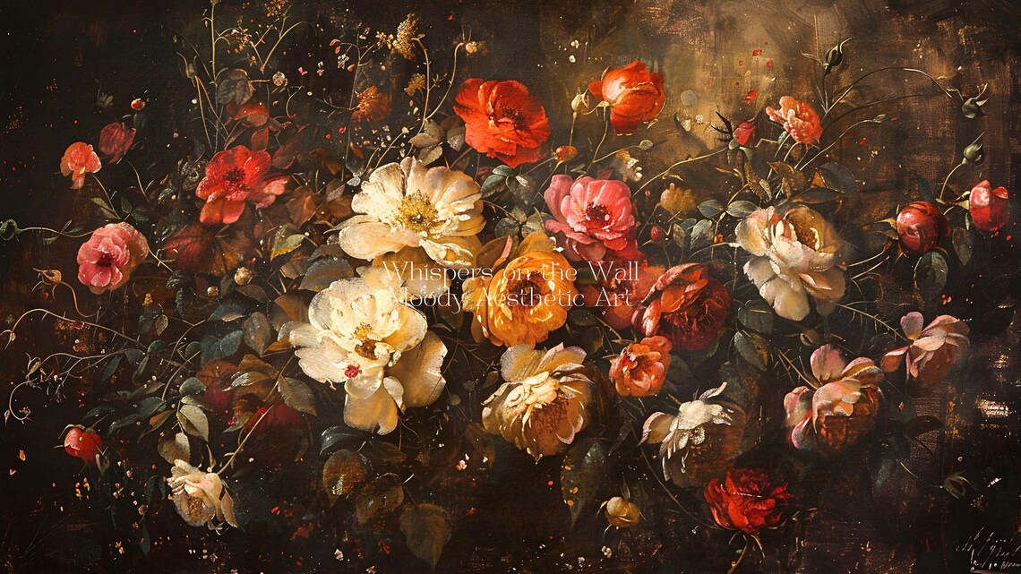 Dark Red Roses Bouquet Moody Floral Still Life Painting Poster - Image 5