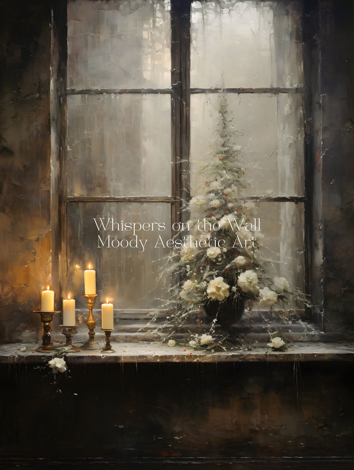 Candlelit Window Christmas Tree White Floral Moody Wall Poster - Image 5