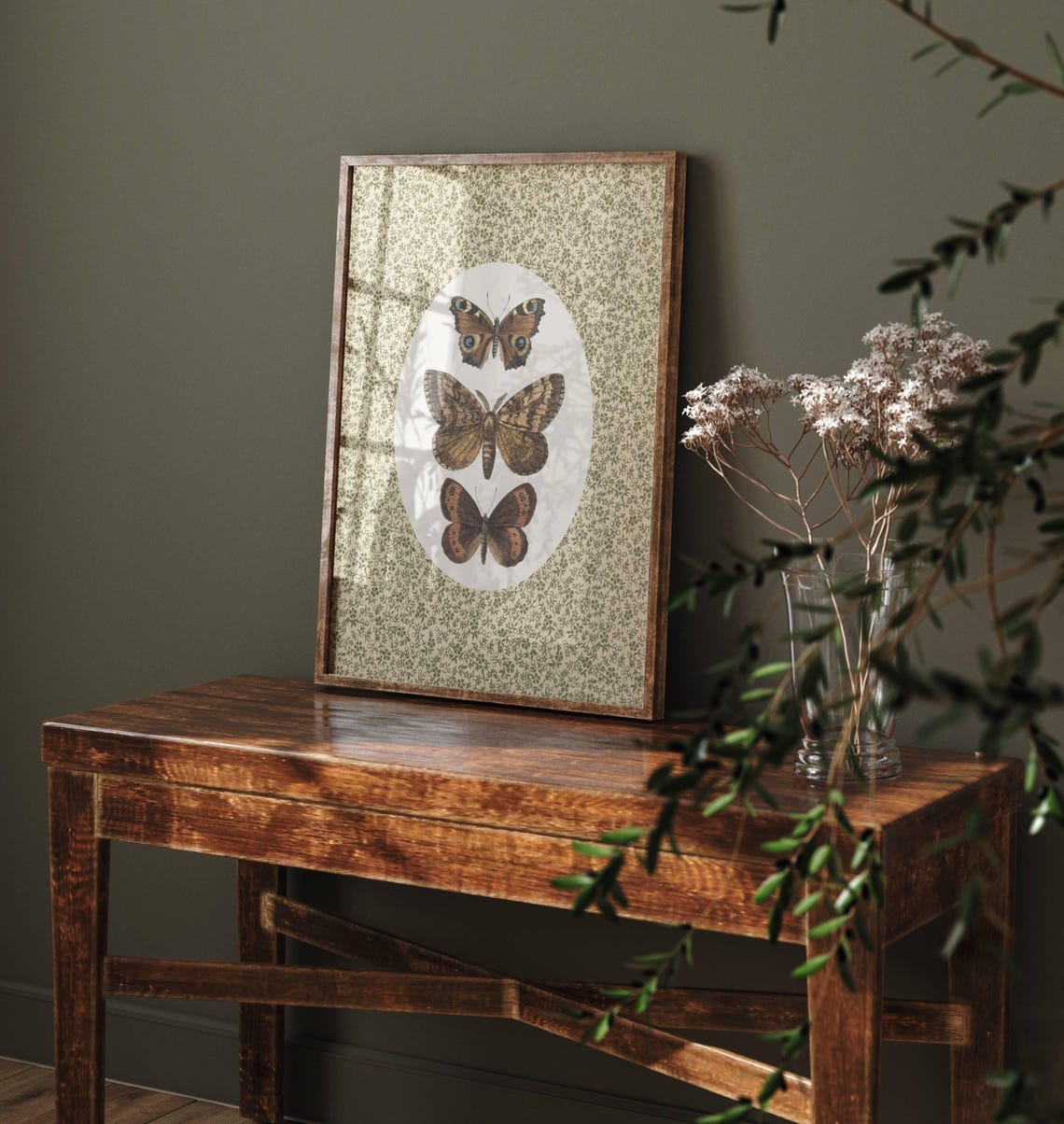 Vintage Butterfly Trio Illustrations Floral Olive Background Poster - Image 3