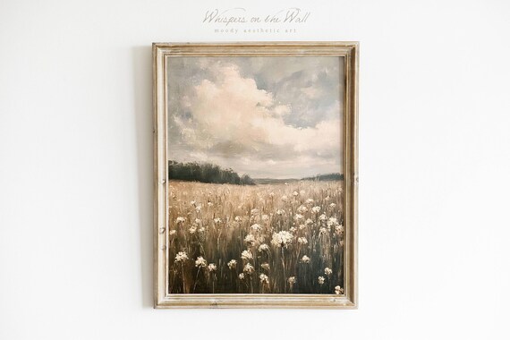 Babys Breath Wildflower Field Print Vintage Floral Wall Art Landscape Wall Art Moody Decor Living Room Art