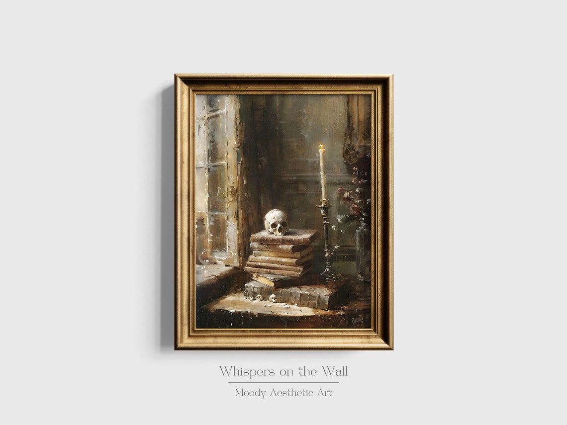 Skull on Stack of Old Books with Candle Gothic Painting Poster - Image 3