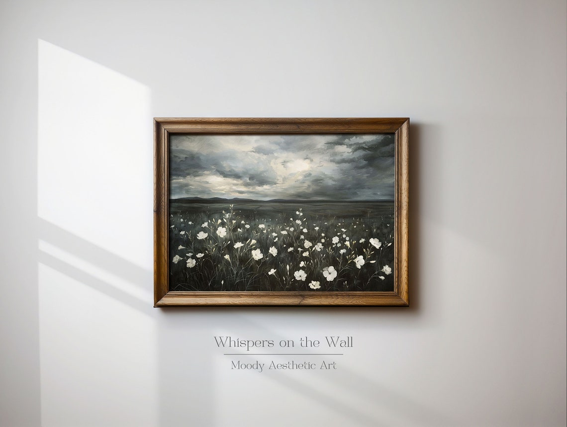 Dramatic White Wildflowers Under Stormy Sky Moody Landscape Poster - Image 3
