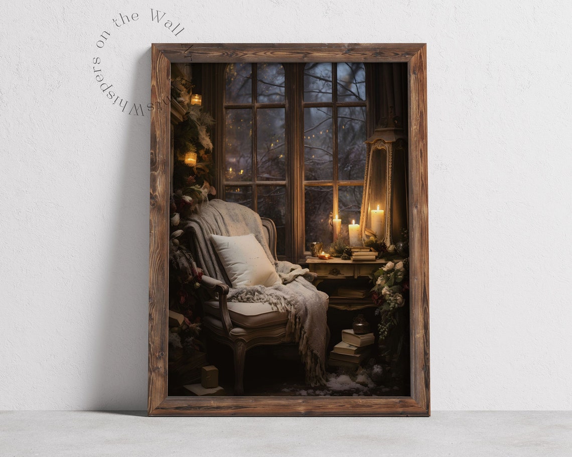 Cozy Night Reading Nook by a Candlelit Window Moody Winter Wall Poster - Image 6