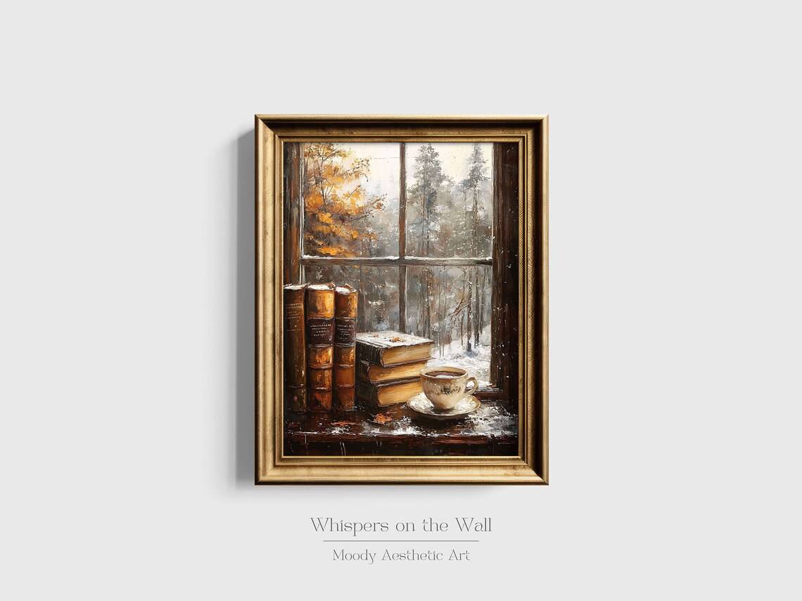 Books and Coffee Cup by Window Cozy Winter Library Painting Poster - Image 2