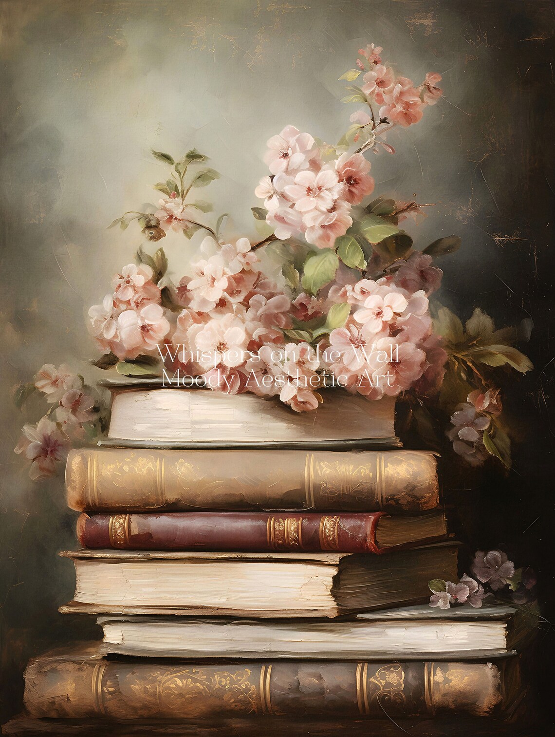 Cherry Blossom Book Stack Art Print, Dark Academia - Image 5