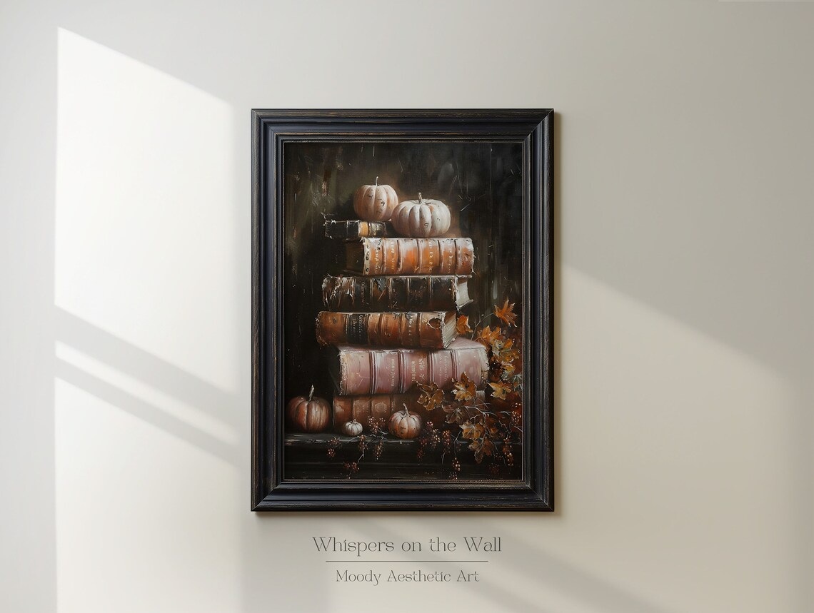 Stack of Antique Books with Pumpkins Dark Autumn Still Life Poster - Image 3