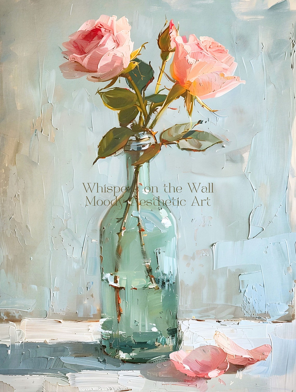 Pink Roses in Green Glass Vase Still Life Oil Painting Poster - Image 5