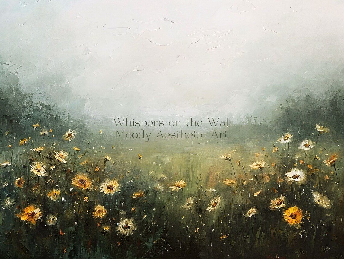 Soft Moody Misty Daisy Wildflower Field Landscape Oil Painting Poster - Image 5