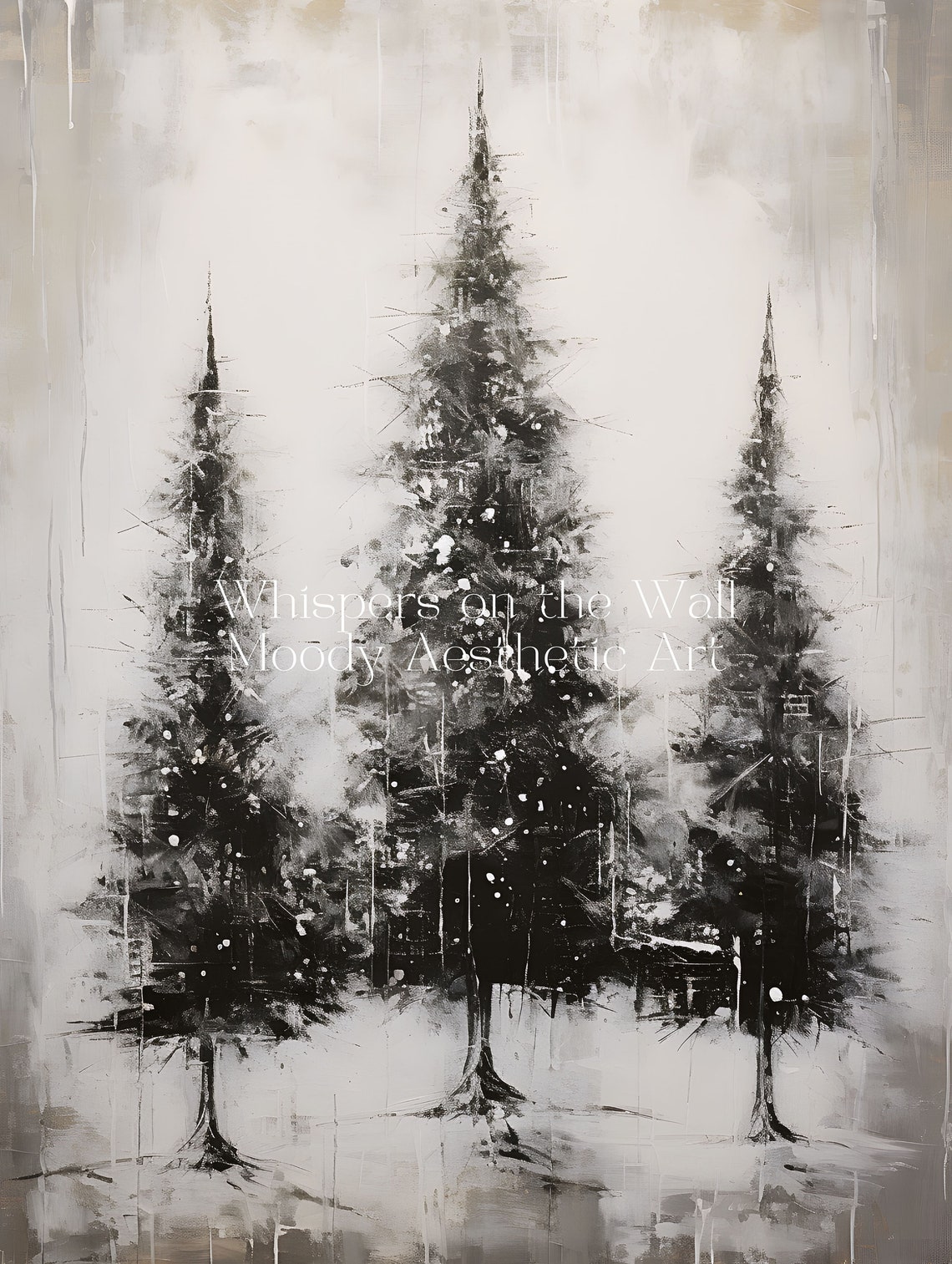 Moody Black and White Winter Pine Trees Silhouette Art Poster - Image 4
