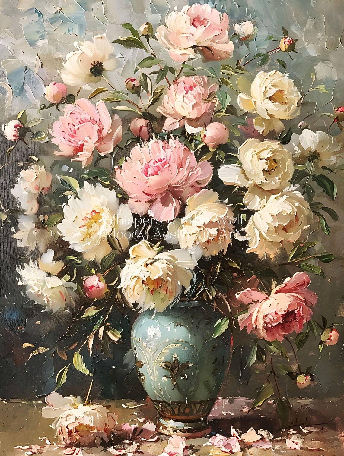 Pink Peonies in Turquoise Vase Vintage Floral Painting Poster - Image 5