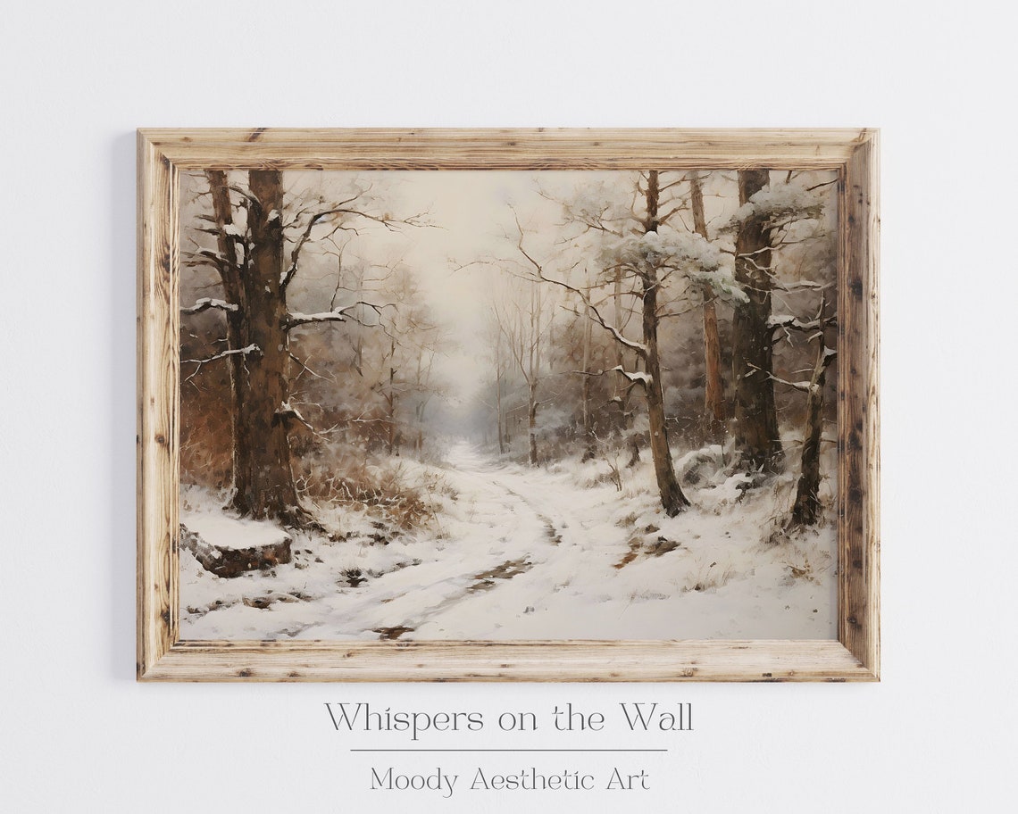 Snowy Winter Forest Path Vintage Moody Landscape Wall Poster - Image 3