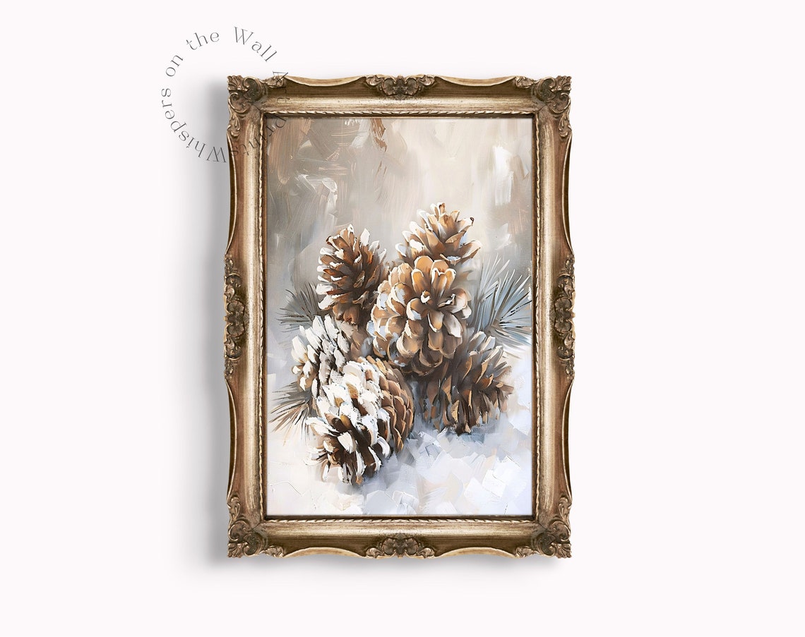 Snowy Pinecones Winter Still Life Vintage Oil Painting Poster - Image 2