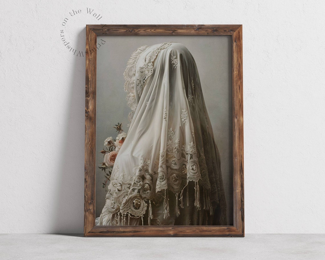 White Veiled Ghost With Lace Roses Spooky Vintage Art Poster - Image 2