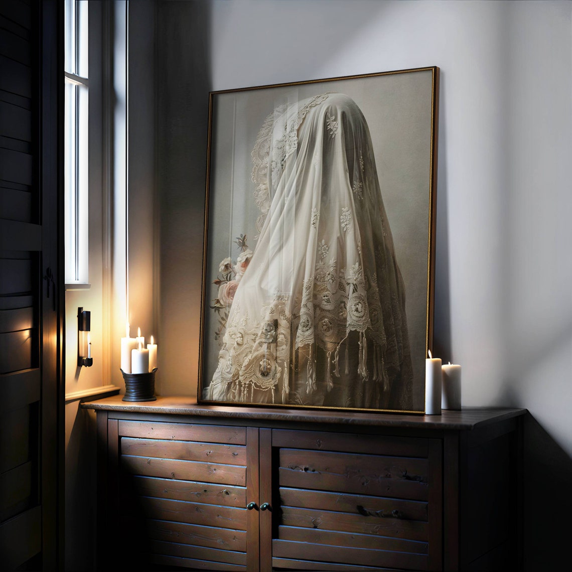 White Veiled Ghost With Lace Roses Spooky Vintage Art Poster - Image 3