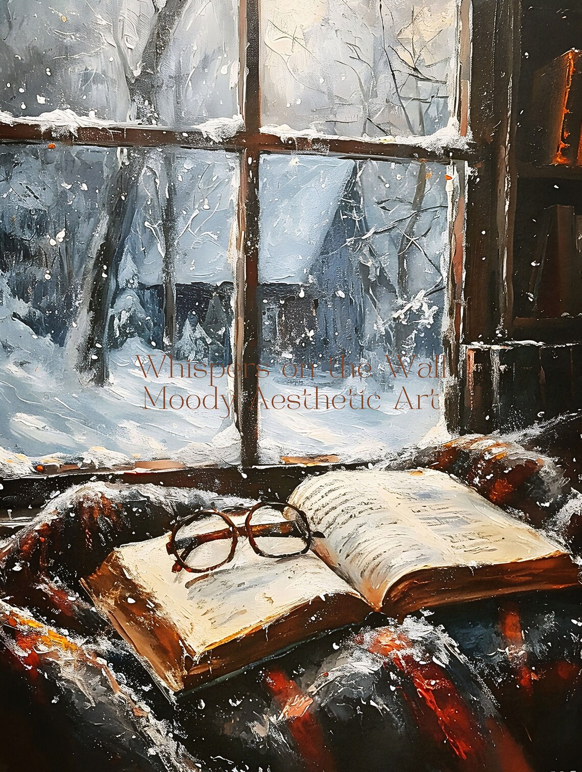 Open Book and Glasses by Snowy Window Cozy Reading Scene Poster - Image 5