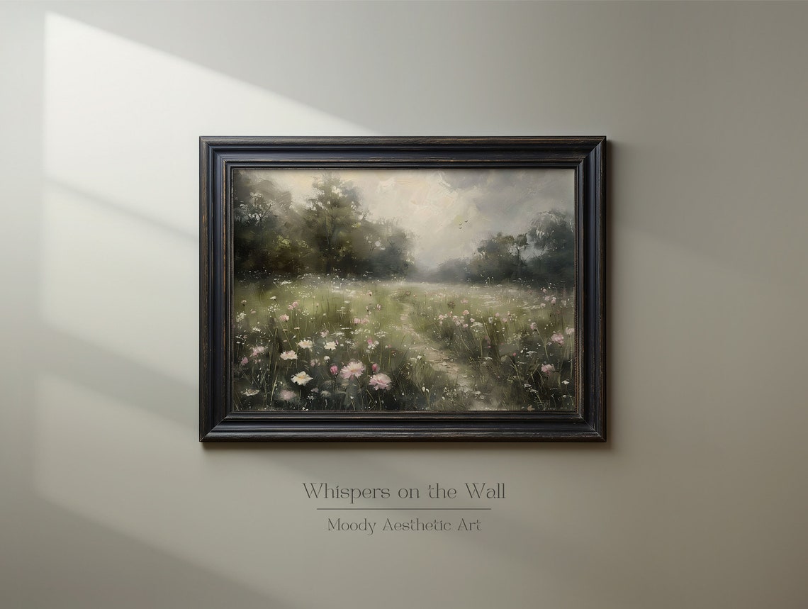 Misty Wildflower Meadow Path Vintage Landscape Painting Poster - Image 3