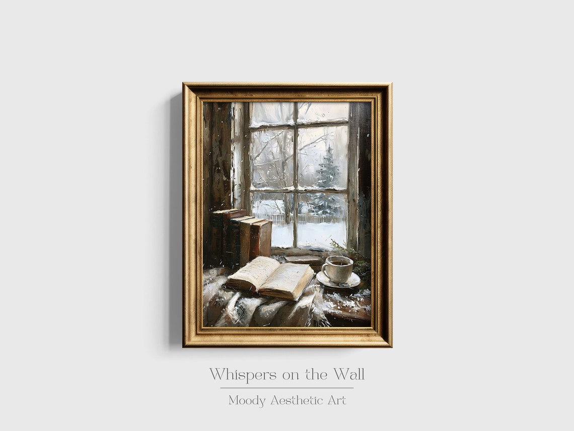 Open Book and Tea Cup by Snowy Window Winter Reading Nook Poster - Image 3