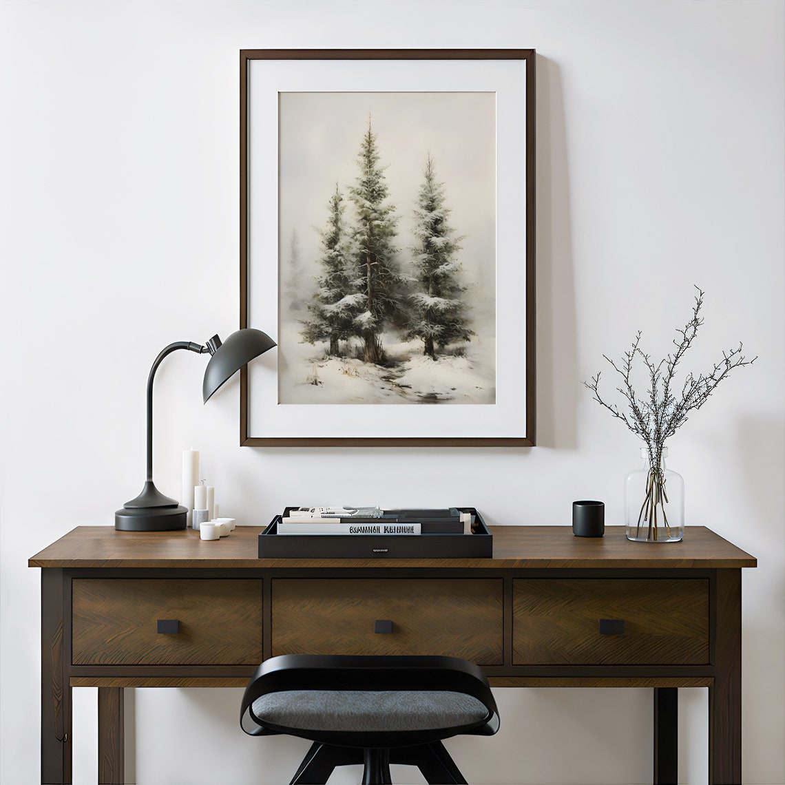 Snowy Pine Trees in Mist Neutral Winter Landscape Wall Poster - Image 4