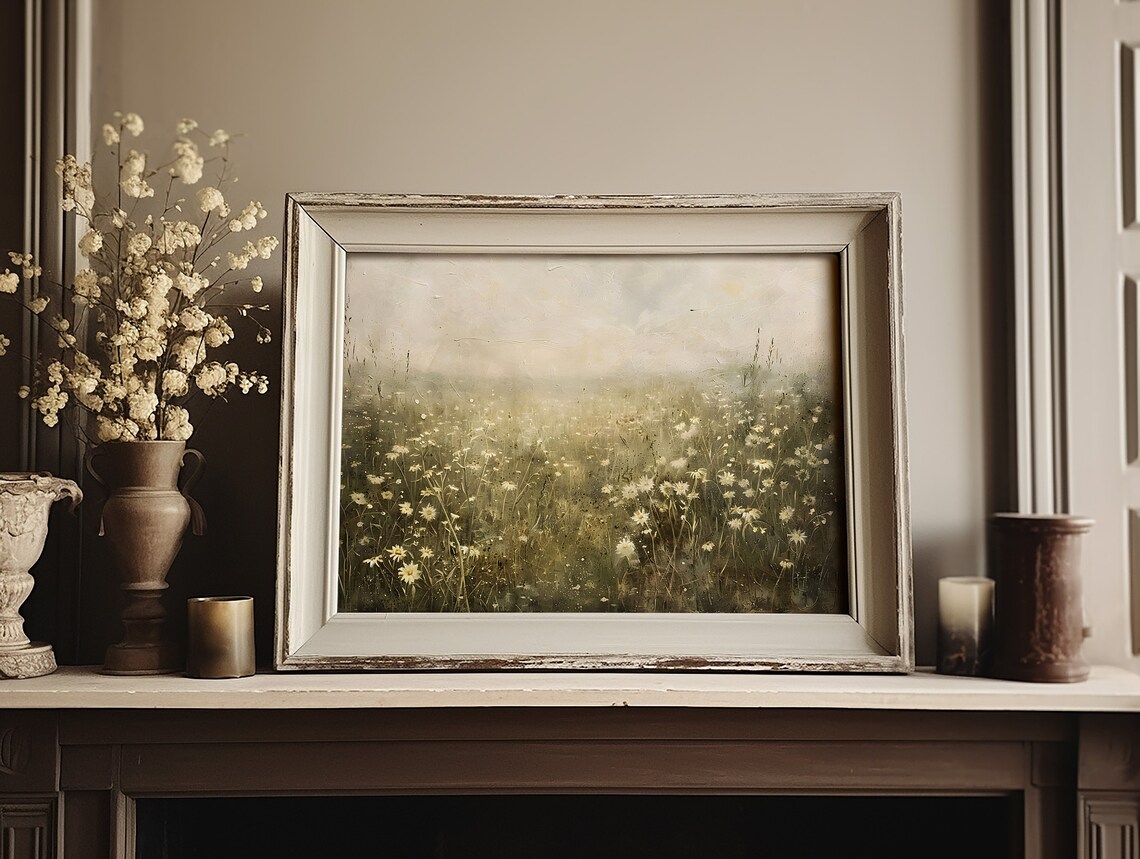 White Daisy Meadow Under Hazy Sky Moody Wildflower Landscape Painting Poster - Image 6