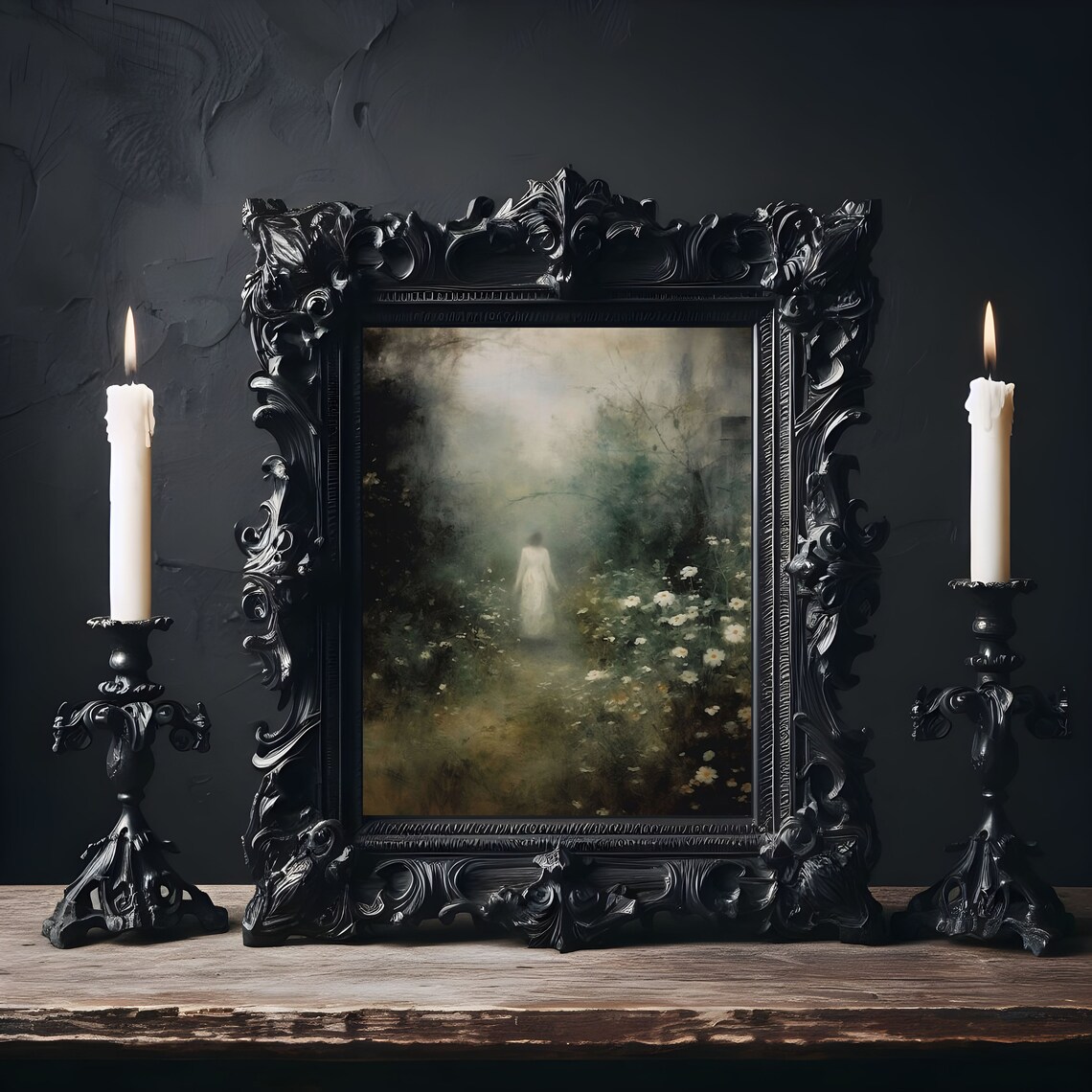 Ghostly Woman in White Dress in Foggy Daisy Garden Spooky Poster - Image 6