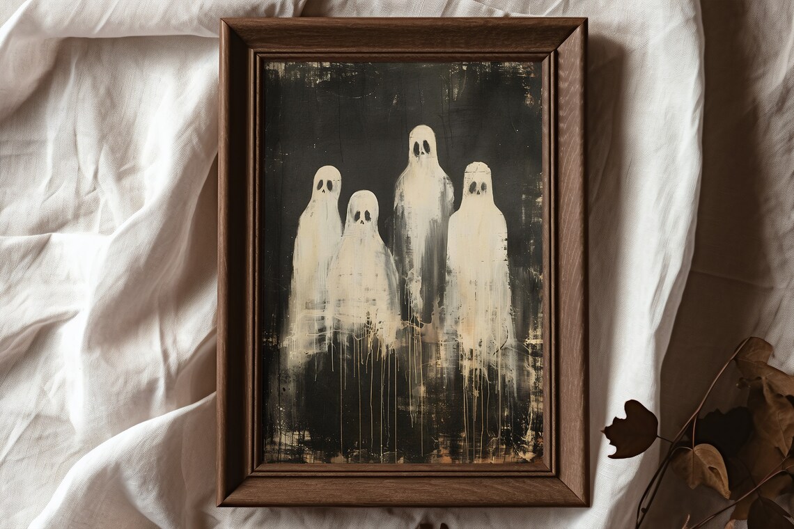 Group of Four Spooky Ghosts in Dark Dripping Vintage Painting Poster - Image 2
