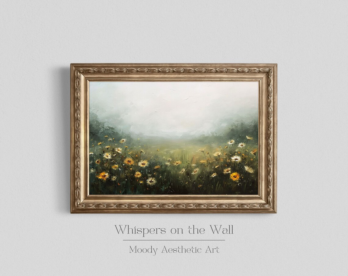 Soft Moody Misty Daisy Wildflower Field Landscape Oil Painting Poster - Image 2