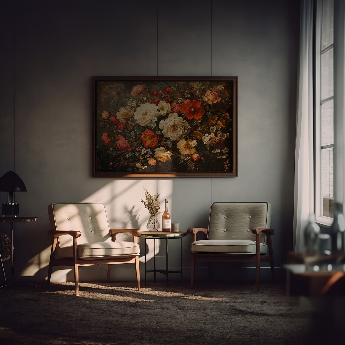 Lush Red and White Roses Dutch Style Dark Floral Painting Poster - Image 3