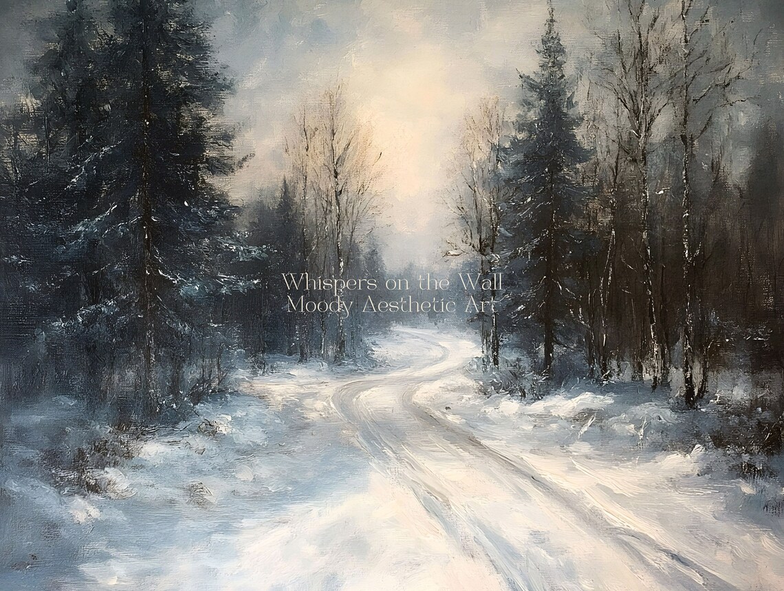 Snowy Winter Road Moody Forest Vintage Landscape Oil Painting Poster - Image 5