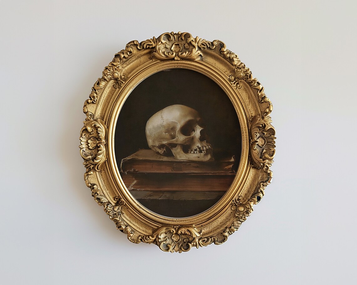 Memento Mori Skull On Old Books Dark Vanitas Still Life Painting Poster - Image 2