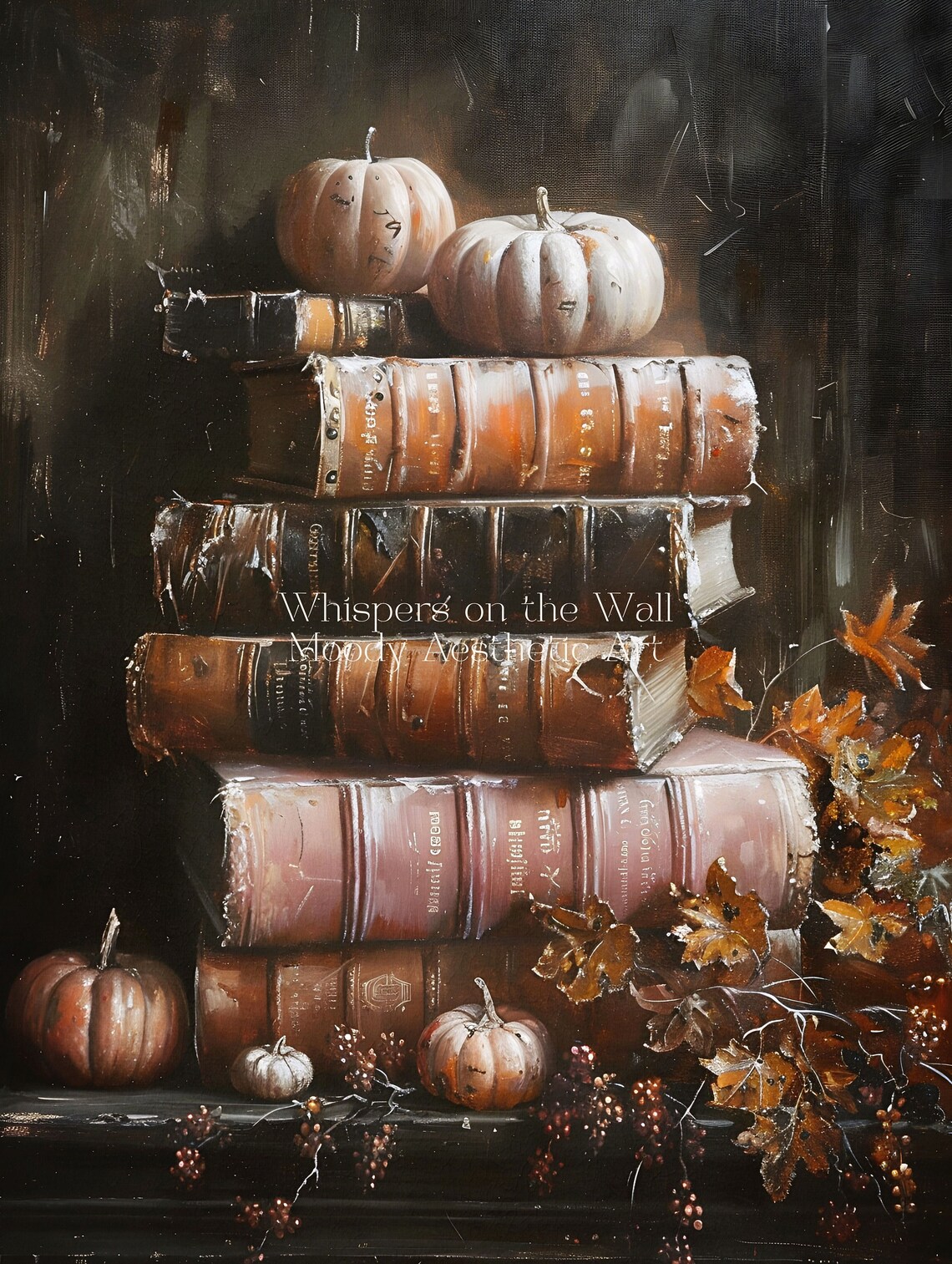 Stack of Antique Books with Pumpkins Dark Autumn Still Life Poster - Image 5