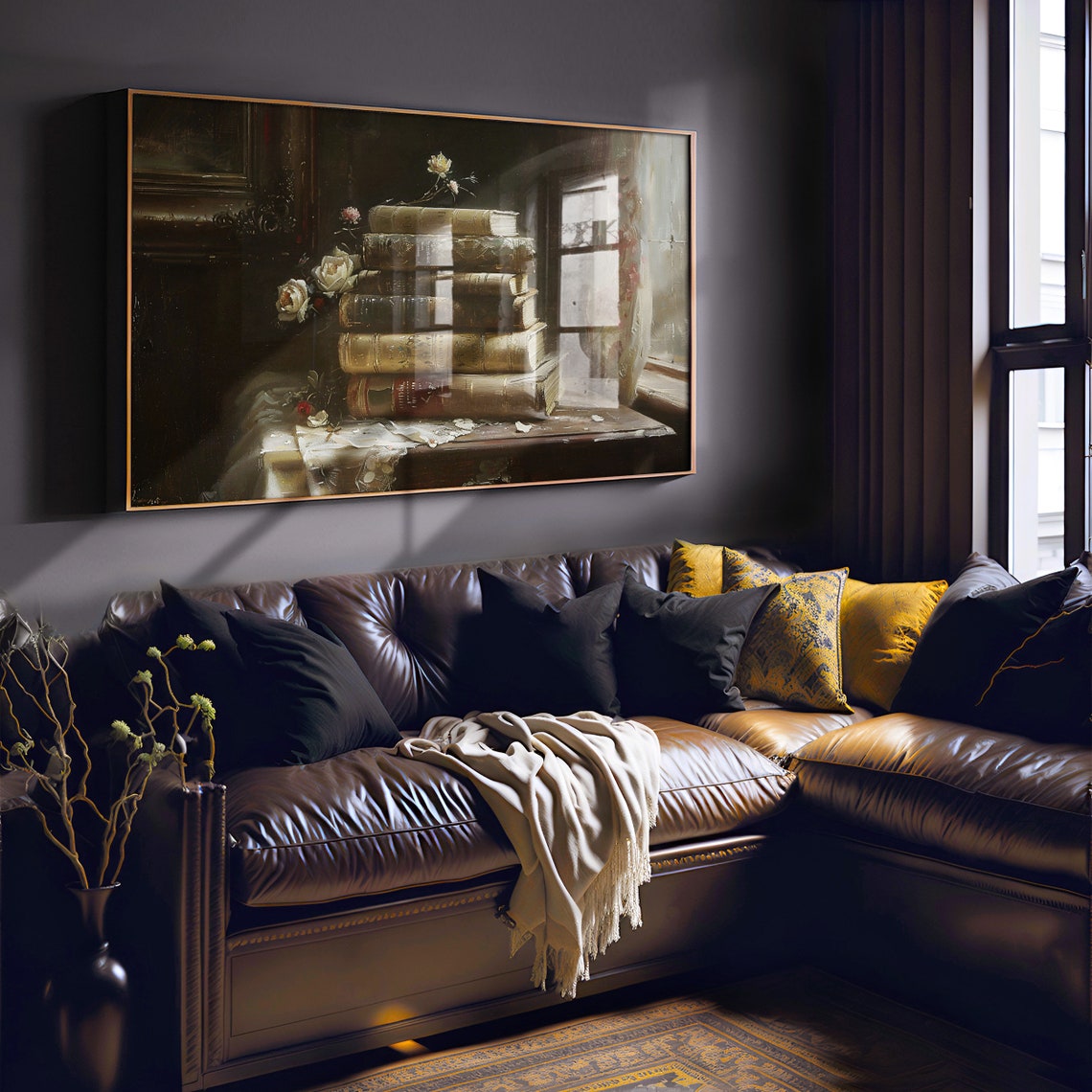 Old Books and White Roses by Window Dark Academia Painting Poster - Image 6