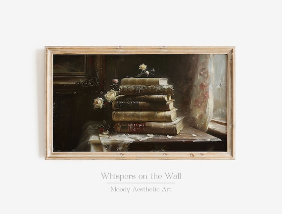 Dark Coquette Frame Tv Art Book Pile Frame Tv Art Moody Victorian Painting Feminine Decor Book Stack Artwork