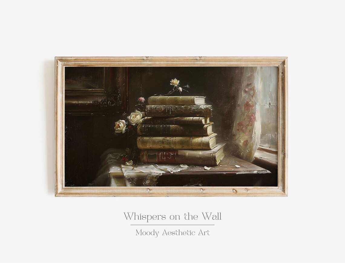 Dark Coquette Frame Tv Art Book Pile Frame Tv Art Moody Victorian Painting Feminine Decor Book Stack Artwork