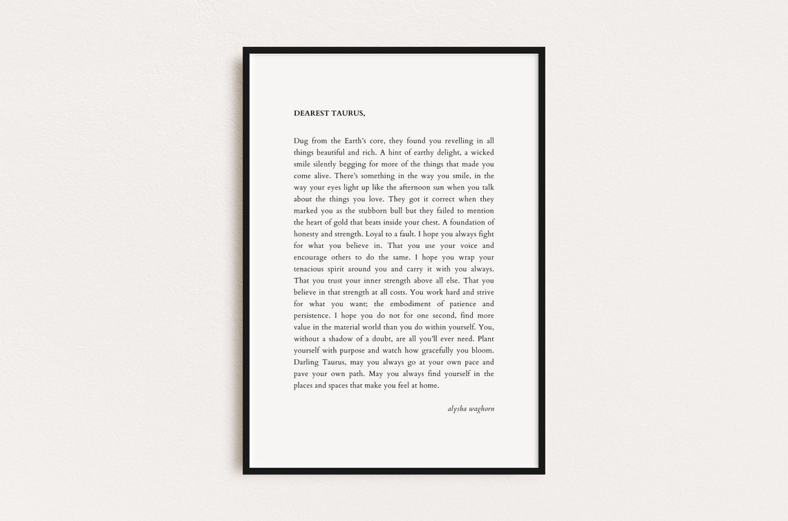 Dearest Taurus Star Sign Letter Minimalist Typography Wall Art