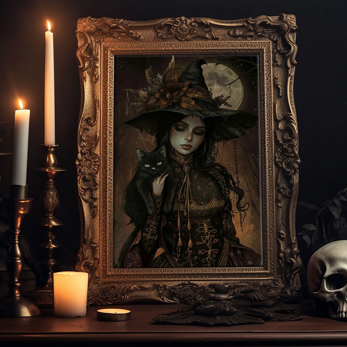 The Witch And Black Cat, Spooky Victorian Art Print - Image 6