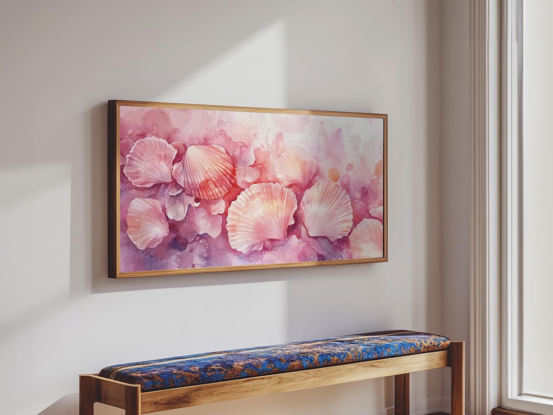 Pink Scallop Shells Wide Horizontal Coastal Watercolor Seashell Art Poster - Image 5
